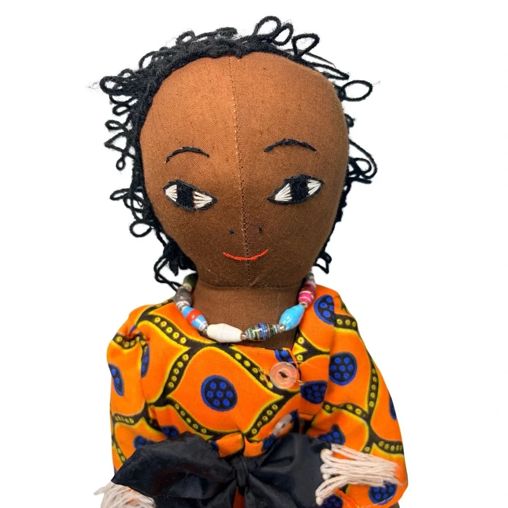 VTG Handmade African Folk Art Cloth Doll Orange Geometric Dress‎ Beaded Necklace